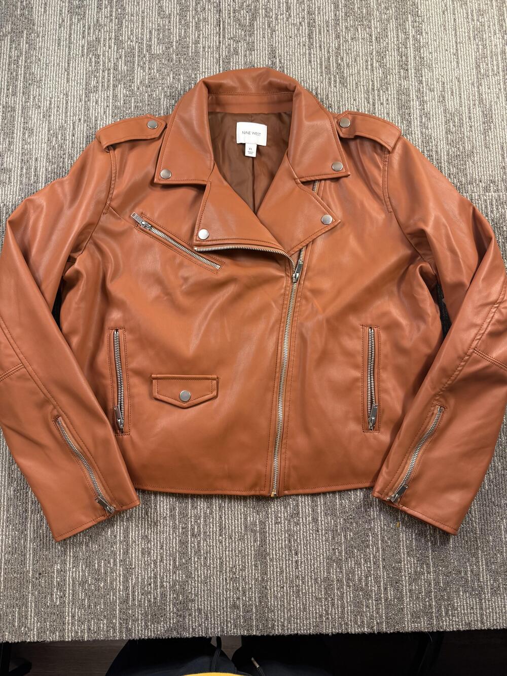 Nine West Jacket Womens XL Cognac Brown Faux Leather Moto Biker Asym Zip Pockets